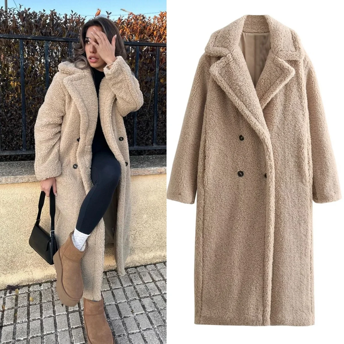 PB&ZA 2024 autumn new women's fashion solid color lapel long-sleeved fleece double-breasted loose coat jacket