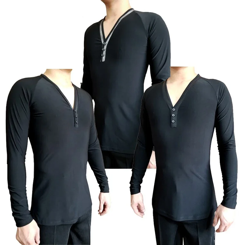 

Latin Dance Top Men V Neck Long Sleeve Male Cha Cha Rumba Samba Tango Salsa Dancing Shirt Practice Performance Wear DNV12074