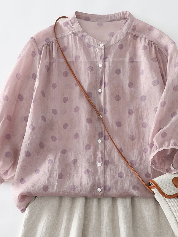 Japanese Korean Style Polka Dot Shirt Women's Thin Breathable Linen Loose Casual Short Sleeve Cotton Linen Top Summer