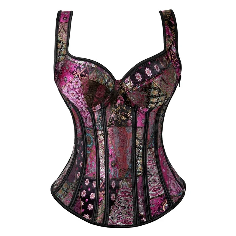 Sexy Women Corset with Straps Black Overbust Corset Plus Size Floral Jacquard Corsets Zipper Top Gothic Steampunk Corset Bustier