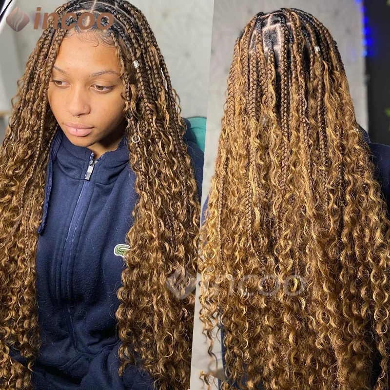 

Synthetic Full Lace Front Wig Faux Boho Box Braided Wigs Square Knotless Box Braids Wigs Ombre 1B 27 Goddess Locs Wig Curly Ends