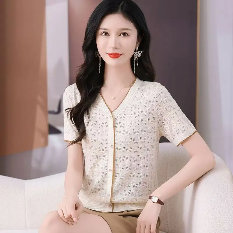 

Women's Clothing Hollow Out Cool Silk T-shirt Summer Chic Thin Knit Short Sleeve Casual Tees Lady V-neck Pullover All-match Tops