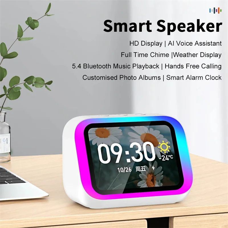 Inteligente ai bluetooth alto-falante inteligente com tela tempo temperatura exibição mesa alto-falante relógio decoração do quarto assistente de voz