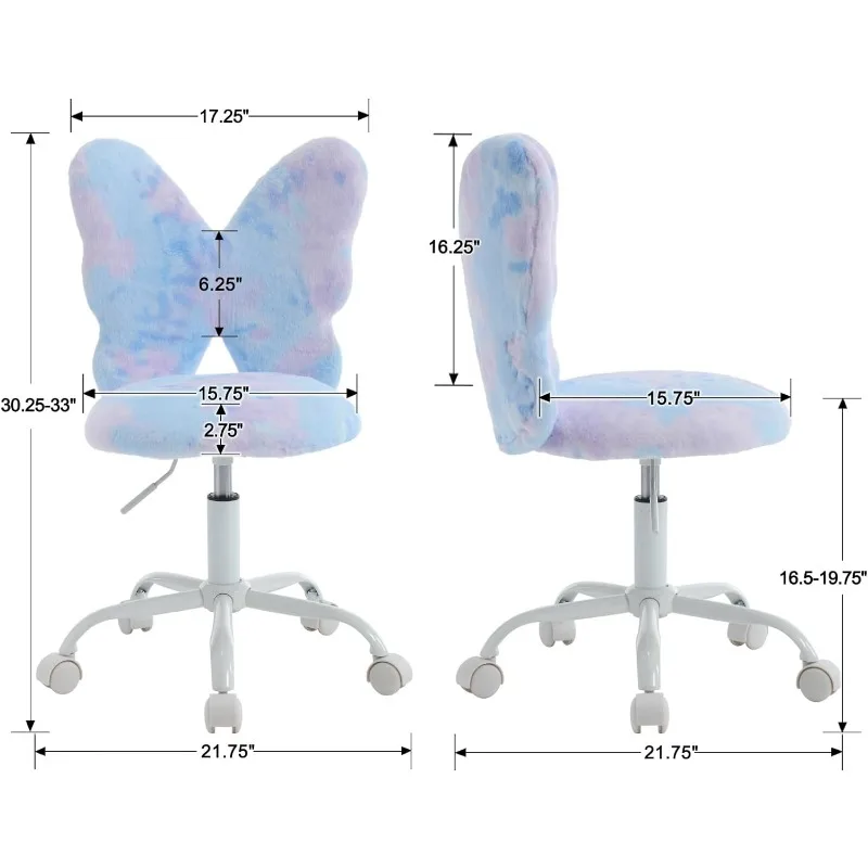 Silla de escritorio de mariposa para niños, silla de estudio para niñas, silla de computadora ajustable, silla giratoria peluda de oficina para estudiantes