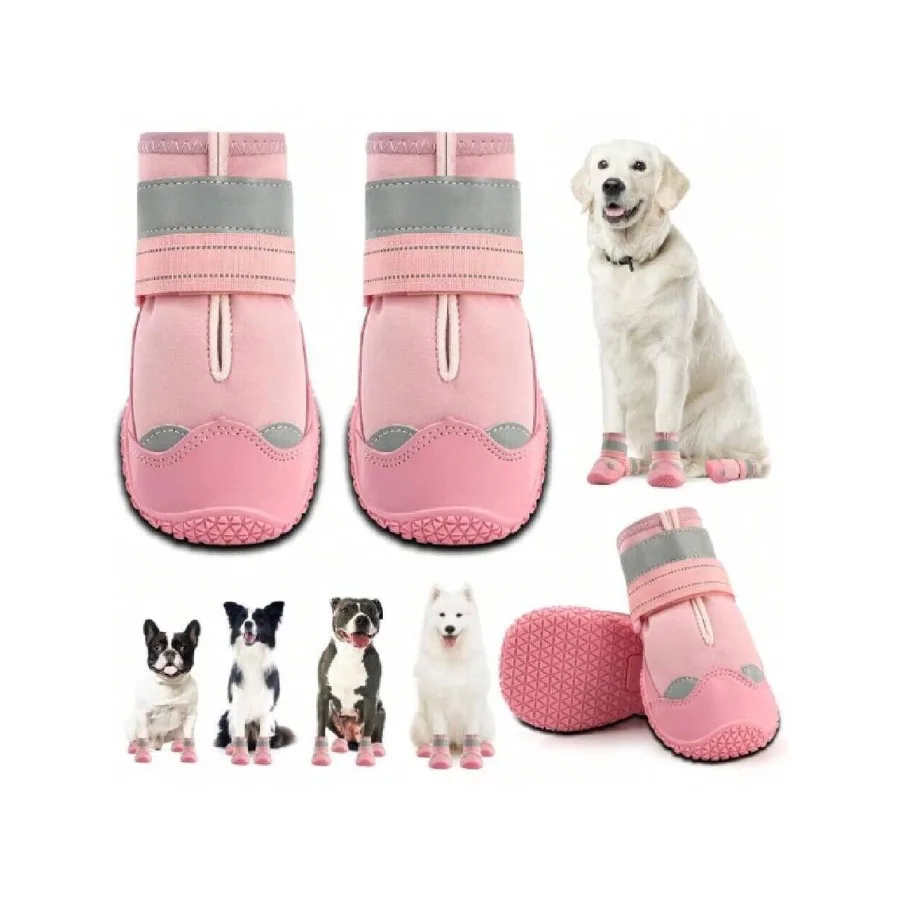 

【New Arrival】Pink Waterproof Dog Boots with Reflective Strap, Non-Slip Paw Protectors for Medium & Large Dogs, Outdoor Shoes