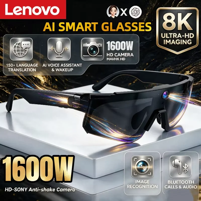 Lenovo AI Smart Glasses 1600W 8K HD Anti-shake Camera Cycling Photo&Video Sport Sunglasses Dual Mic 32GB Windproof Goggles 2026