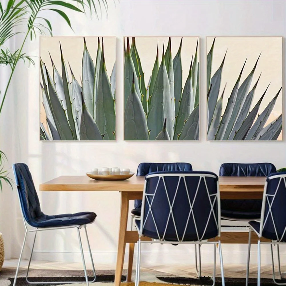 2D Flat 3pcs Unframed wall Canvas Print Wall Art Set Close Up of Spiked Southwestern Cactus Succulent Nature Wilderness Reali
