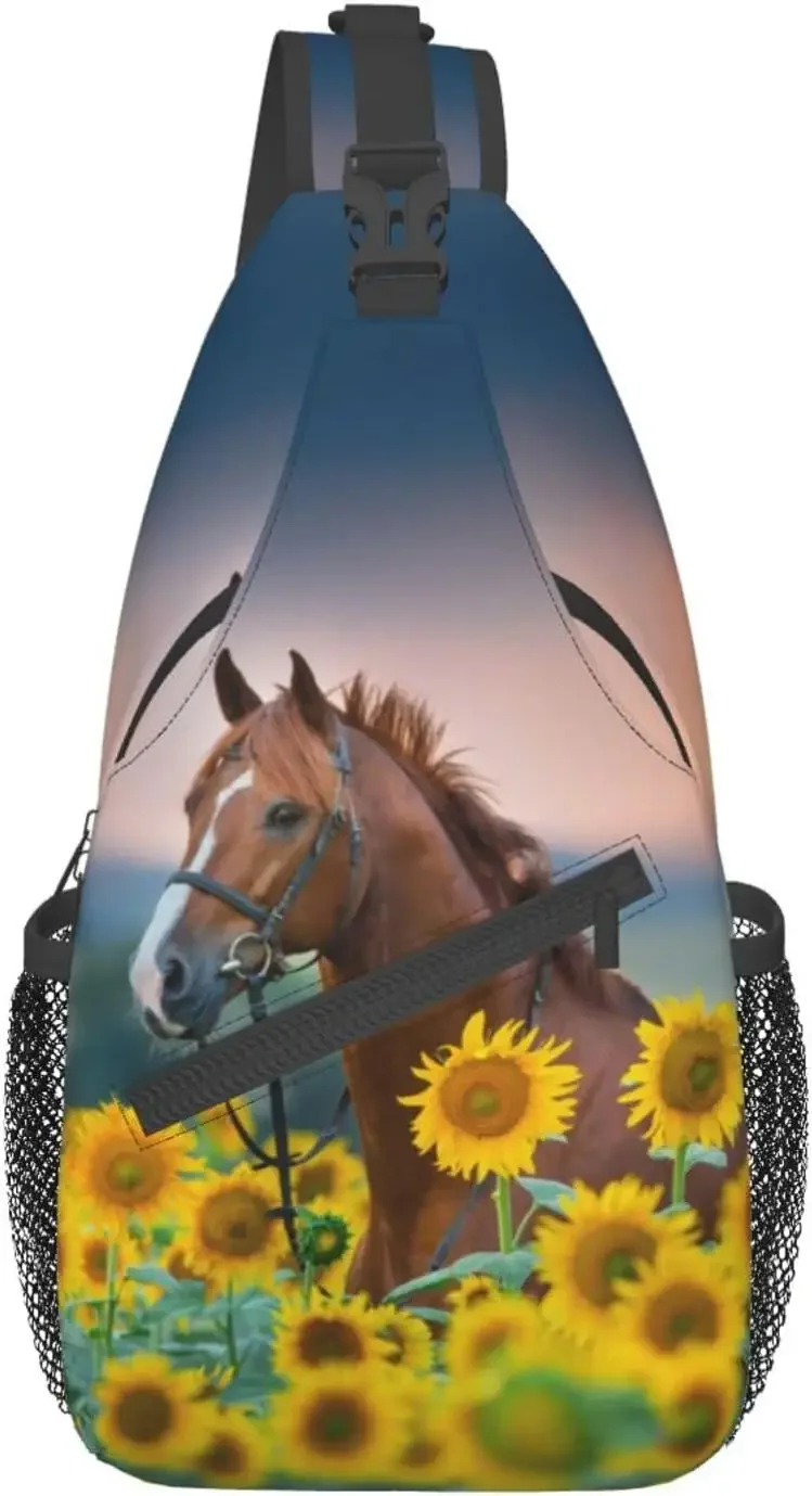 

Sunflower Horse Print Sling Bag Crossbody Backpack for Men Women Red Stallion In Bridle Portrait In Sunflowers Chest Bag