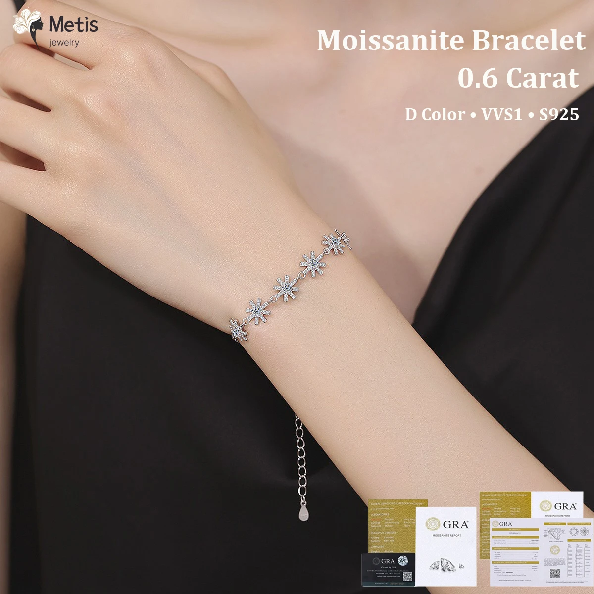 

Браслет Metis с муассанитом, всего 0,6 карата, блестящий бриллиант, белое золото 18 карат, ювелирные изделия, браслет из стерлингового серебра 925 пробы для женщин