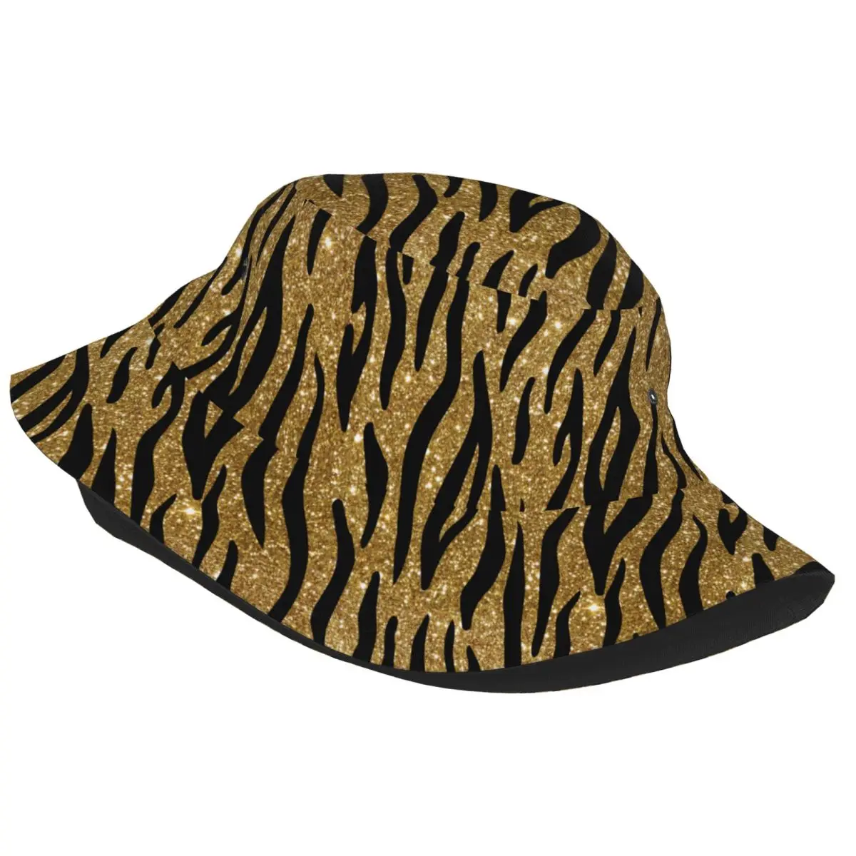 Unisex Bucket Hat Black And Gold Glitter Tiger Summer Beach Vacation Getaway Headwear Hiking Fisherman Caps Ispoti Cap Gift