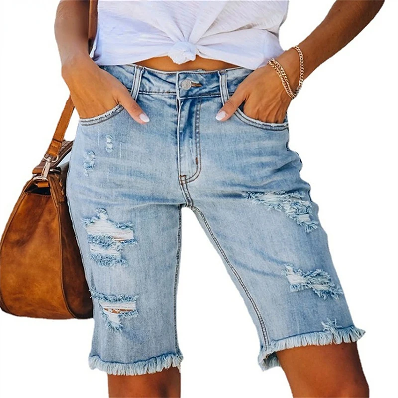 Pantalones vaqueros rasgados con borlas para mujer, pantalones ajustados elásticos de cintura media, pantalones de cinco puntos, pantalones cortos informales con agujeros