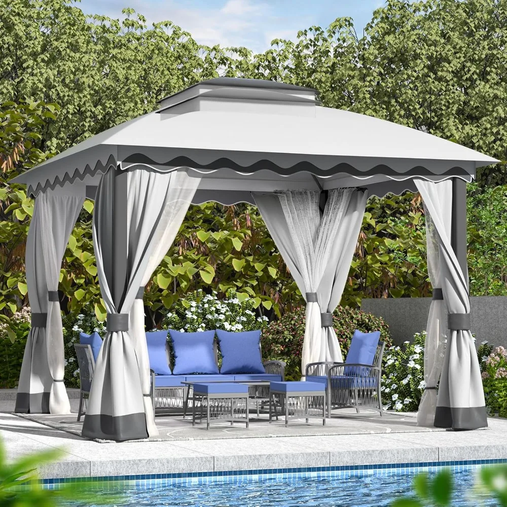 

Outdoor Patio Gazebo 10×10 Heavy Duty Gazebos with Mosquito Netting & Double Roof Metal Steel Frame Canopy Gazebo Tent Shelter f