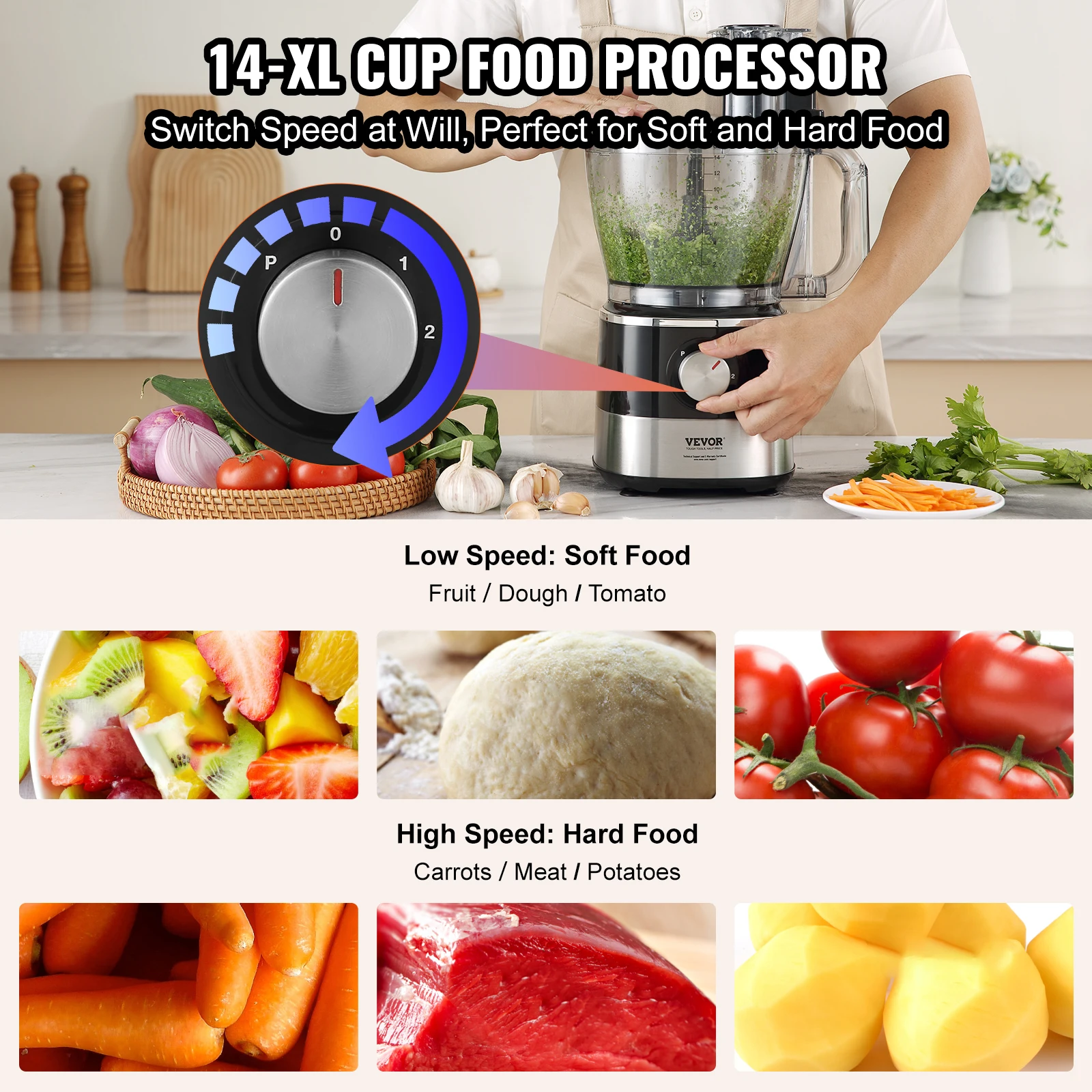 VEVOR Food Processor,600W Stainless Steel Blade Professional Electric Food Chopper, Easy Assembly & Clean,for Chopping, Mixing