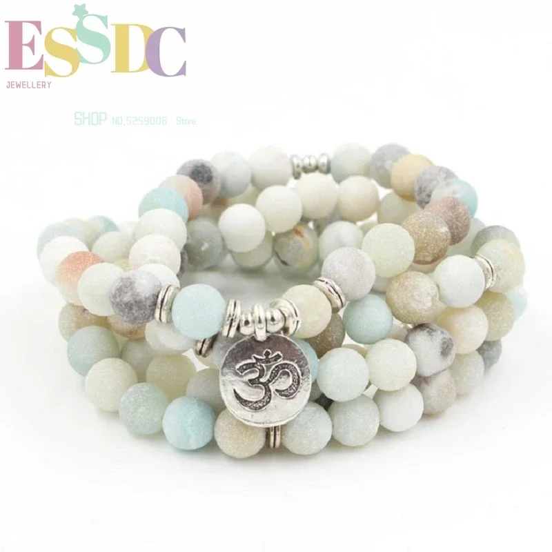 New Design Summer Women Jewelry Natural Matte Amazonite 108 Mala Beads  or Necklace Lotus Charm Pendant Yoga Bracelet