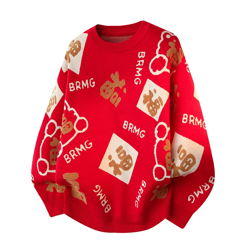 

Утепленный осенне-зимний красный вязаный свитер для мужчин, повседневный, с круглым вырезом, свободный, теплый, из шерстяной ткани, с принтом, модный, в уличном стиле