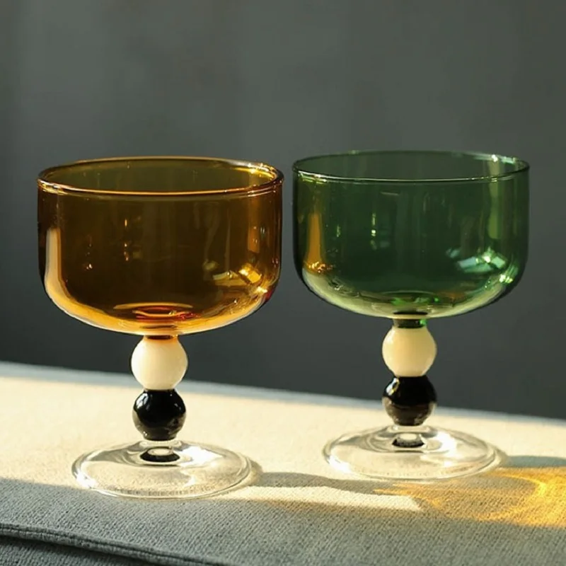 250ml Short Stemmed Goblet Contrast Color Heat Resistant Wine Glasses Cup Amber Green Grey Black Glass Cup 1 Piece