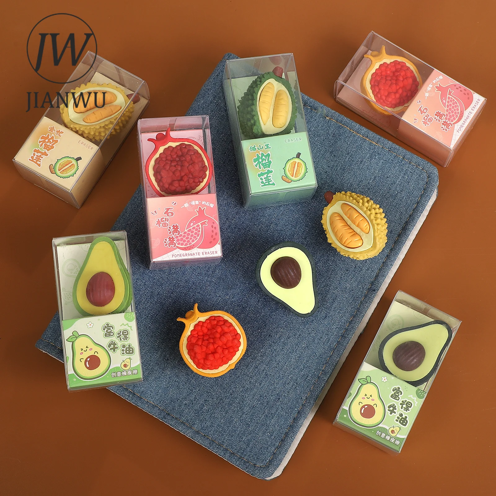 JIANWU 1 Stück Durian Avocado Granatapfel Fruchtförmiger Material-Kollagen-Radiergummi Kreatives DIY Journal Schülerbedarf Schreibwaren