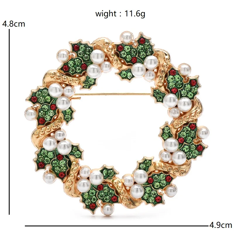 Wuli&baby Pretty Christmas Garland Brooches Green Rhinestone Pearl Flower Wreath For Women Clothes Backpack Pins Gift