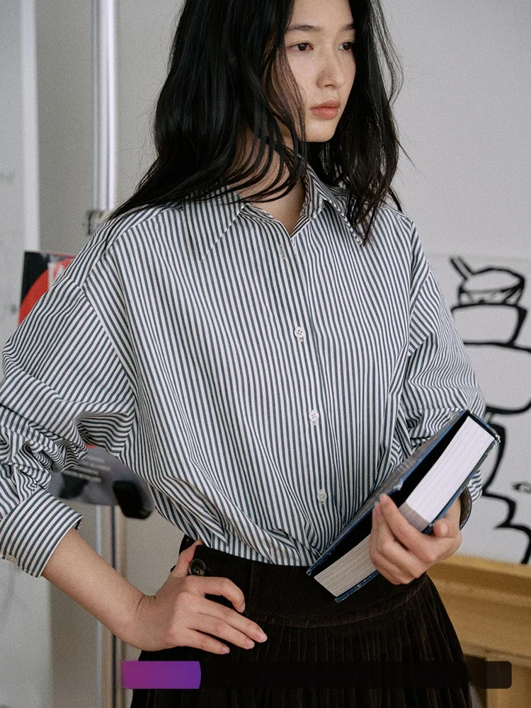 

Jicouture Pure Cotton Commute irt Women's Winter New Loose Long Sve Turn-down Collar Versatile Striped Simple Top