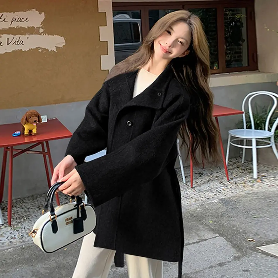 

2025 Autumn and Winter Mid To Long Double Sided Fleece Coat Women's Short Stand Collar Small Woolen Coat