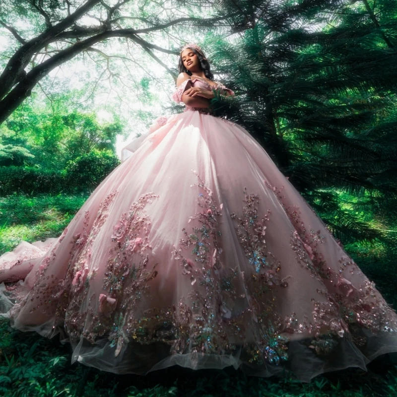 

Pink Shiny Princess Off the Shoulder Sweet 16 Dress Quinceanera Dresses Sequin Applique Flower Beads Tull Party Birthday Vestido