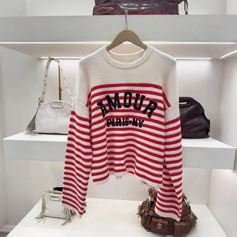 

【Gift Free】2025 Autumn Winter Women’s Sailor Striped Drop-Shoulder Crewneck Knit Sweater with Letter Embroidery