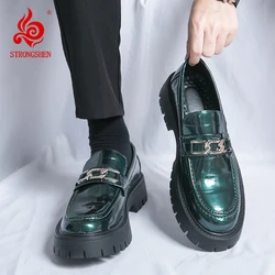 STRONGSHEN Men Casual Handmade Leather Shoes Platform Loafers Slip-on High Quality Thick Bottom Green Oxford Shoes Wedding Shoes