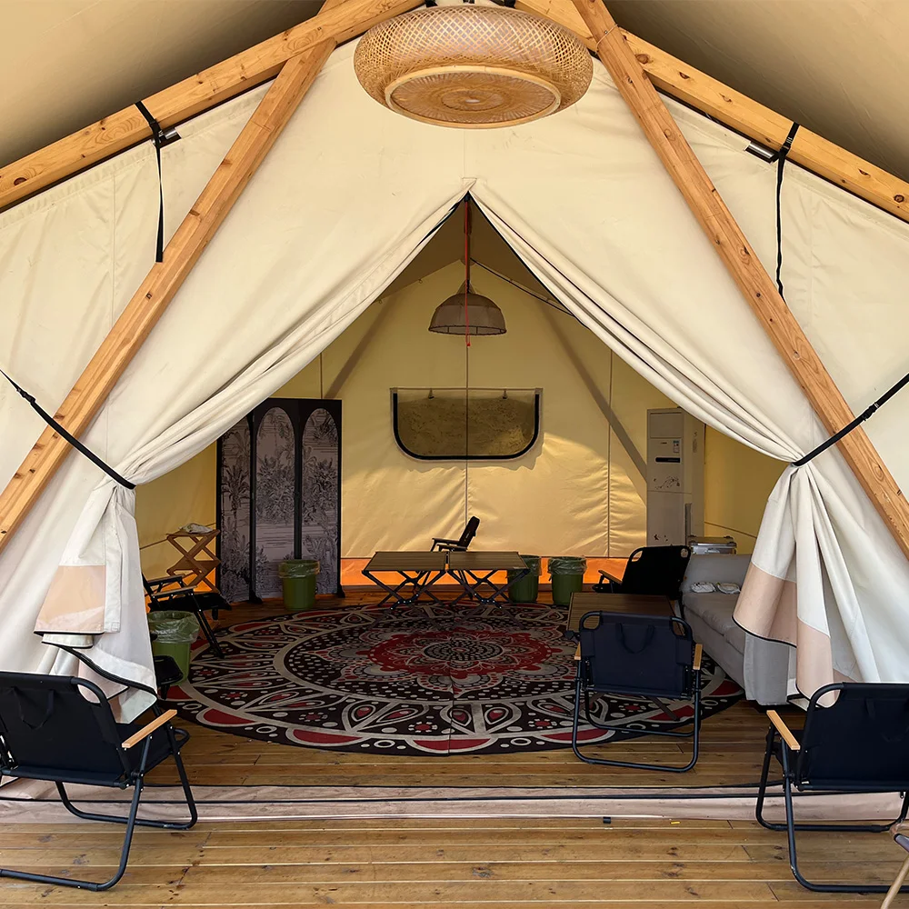 Luxury Eco-Friendly Double Layer Waterproof Fire Resistant Glamping Tent 5x9m Portable PVC Fabric Tomount Camping Restort