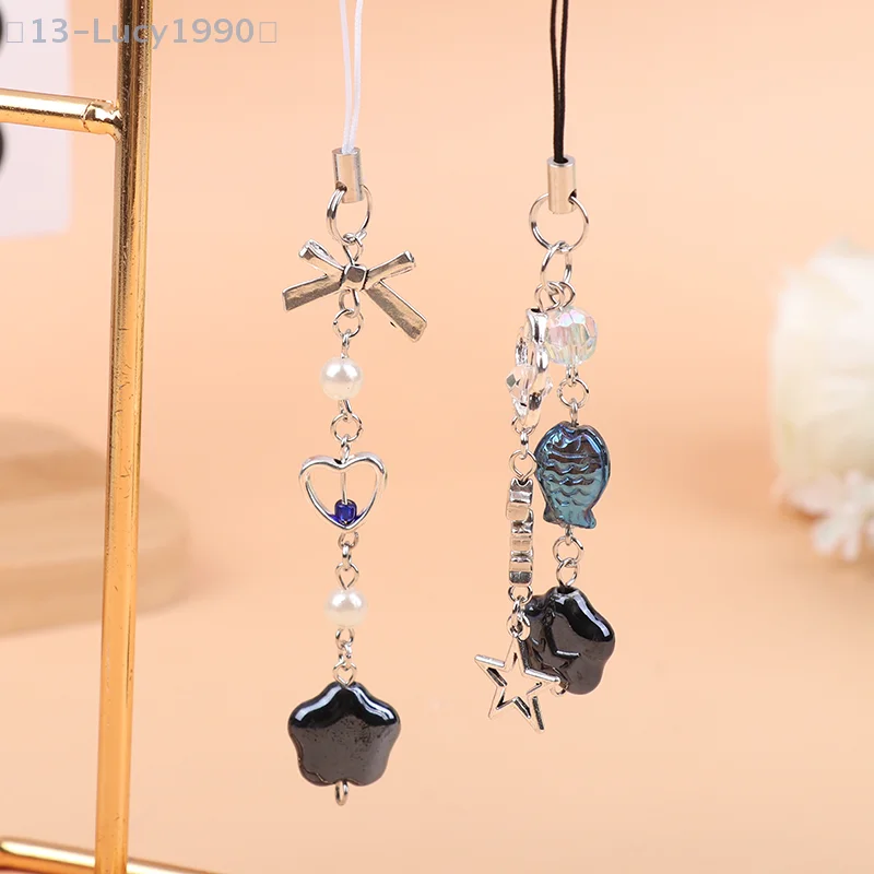 Lovers Lamp Inspired Phone Lanyard Sweet Beaded Bow Star Mobile Phone Chain Ins Cute Bowknot Keychain Camera Pendant