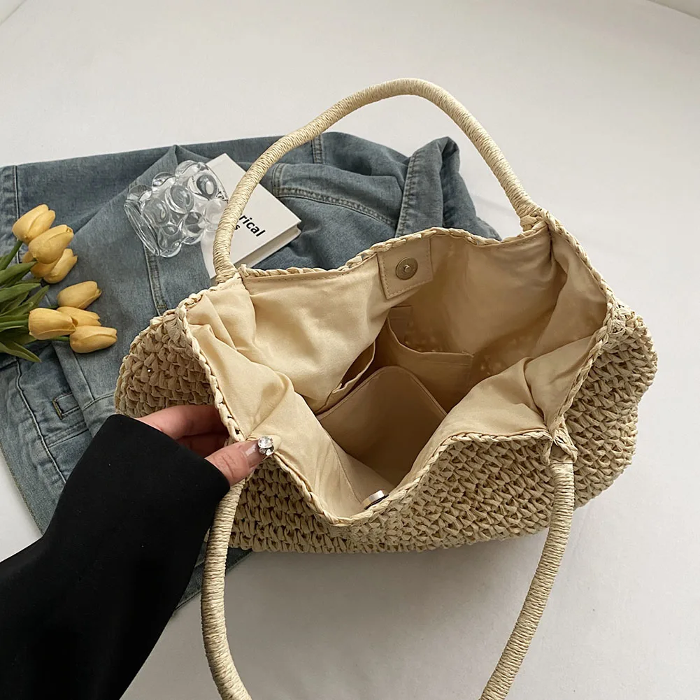 

Women Straw Tote Handbag Large Capacity Retro Straw Handbag Hasp Closure Simple Weaving Handbag Ladies Summer Daily Bag