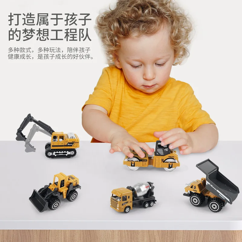 1:64 Die Cast Engineering Vehicle 6Pcs Set Mini Sliding Alloy Model Digger Mixer Forklift Roller Dumper Desktop Display Gift view 2