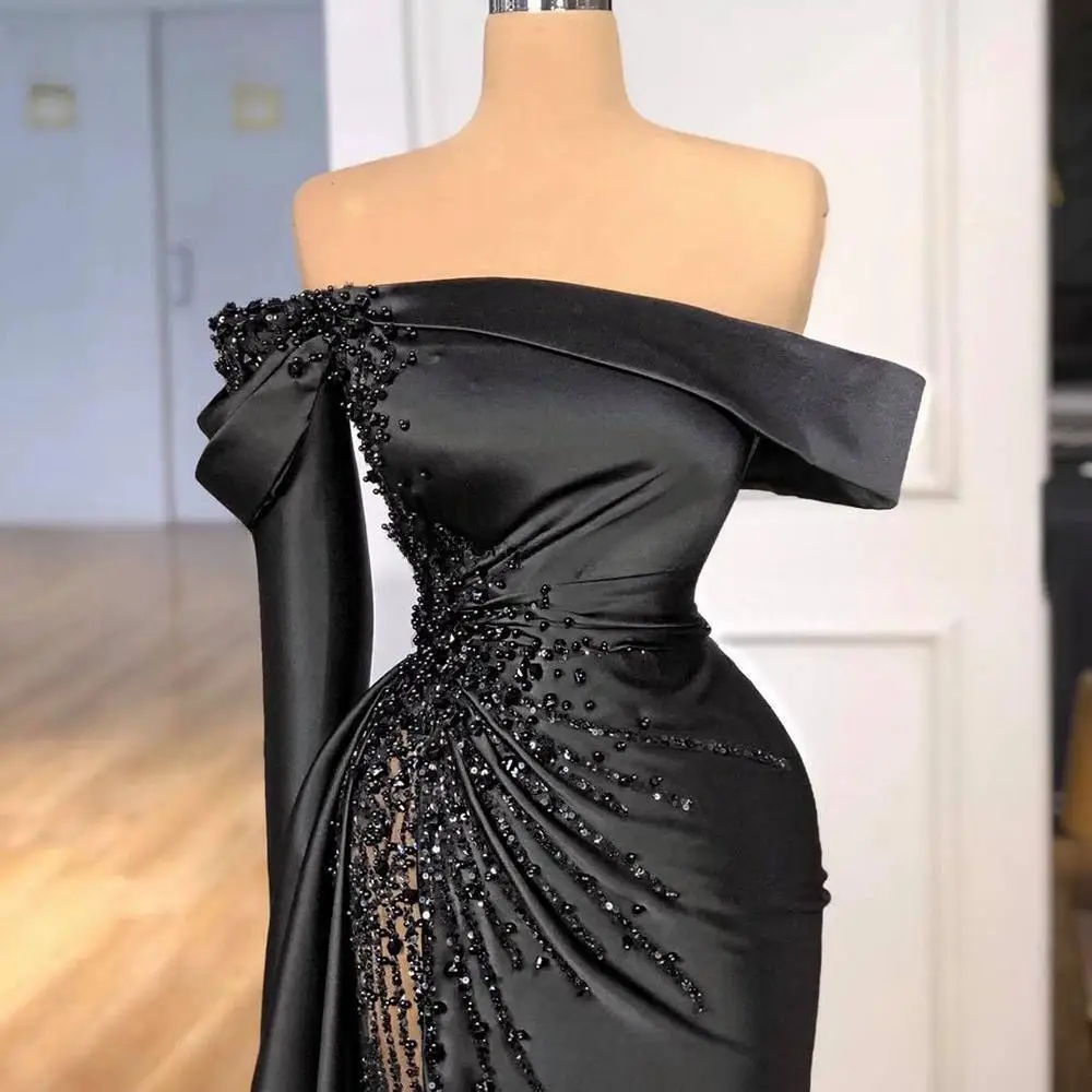 AA97 Customized Elegant Black Women Evening Dresses Off Shoulder Sexy Split Party Occasion Dress Single Long Sleeve Formal Proms