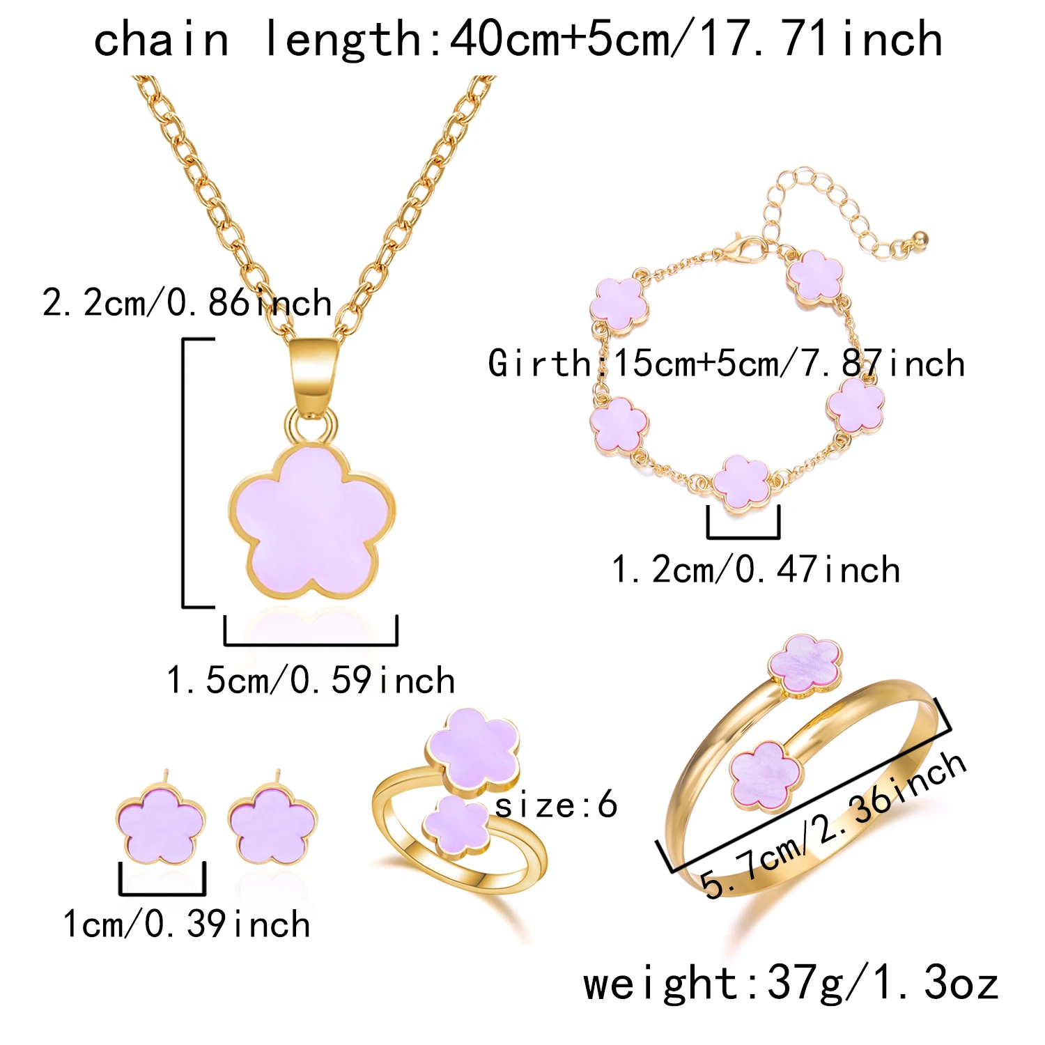 Süßes Sakura-Kirschblüten-Schmuckset für Damen, Trendiges Goldfarbenes Blumenketten-Set mit Ohrringen, Armband und Ring, Ästhetisches Schmuckgeschenk – Detail 6