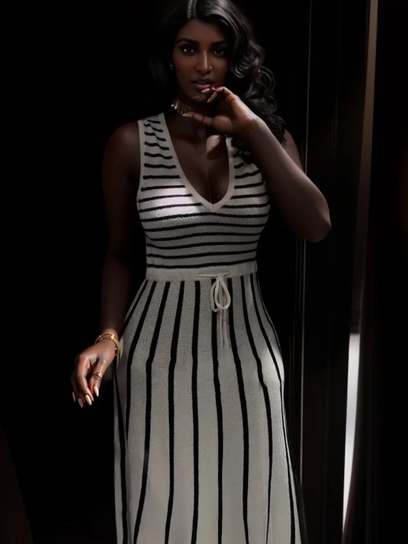 

Праздничные полосатые платья для женщин, трикотажное длинное платье без рукавов с v-образным вырезом, новинка 2025 года, повседневное платье миди, модная уличная одежда