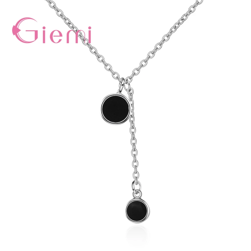 Simple 925 Sterling Silver Round Black Glaze Pendant Necklaces For Women Girls Engagement Party Fashion Jewelry Gifts Accessory