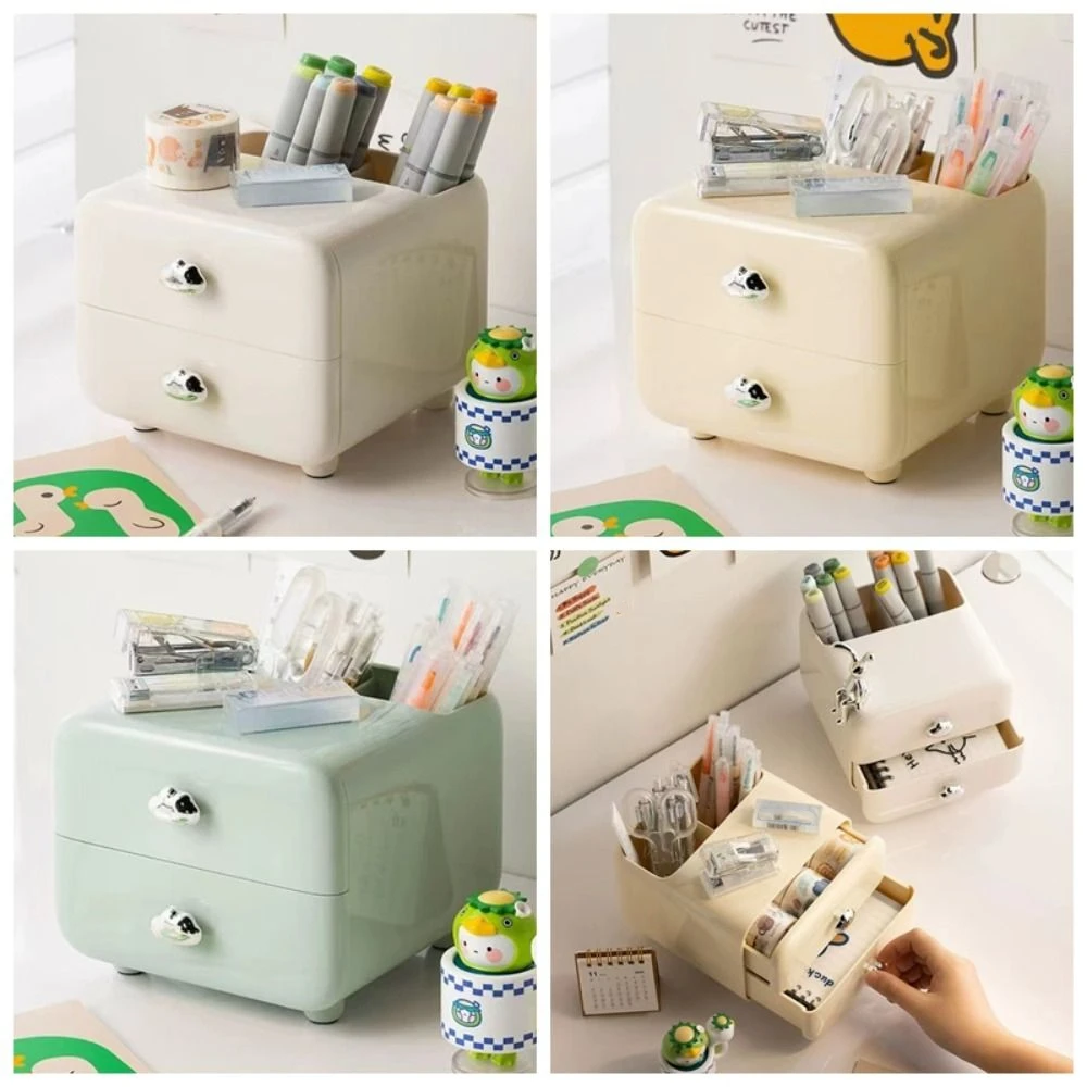Multifunction Desktop Organizer Shelf Cream Color Large Capacity Pen Holder Double Drawer Anti-slip Partition Storage Student