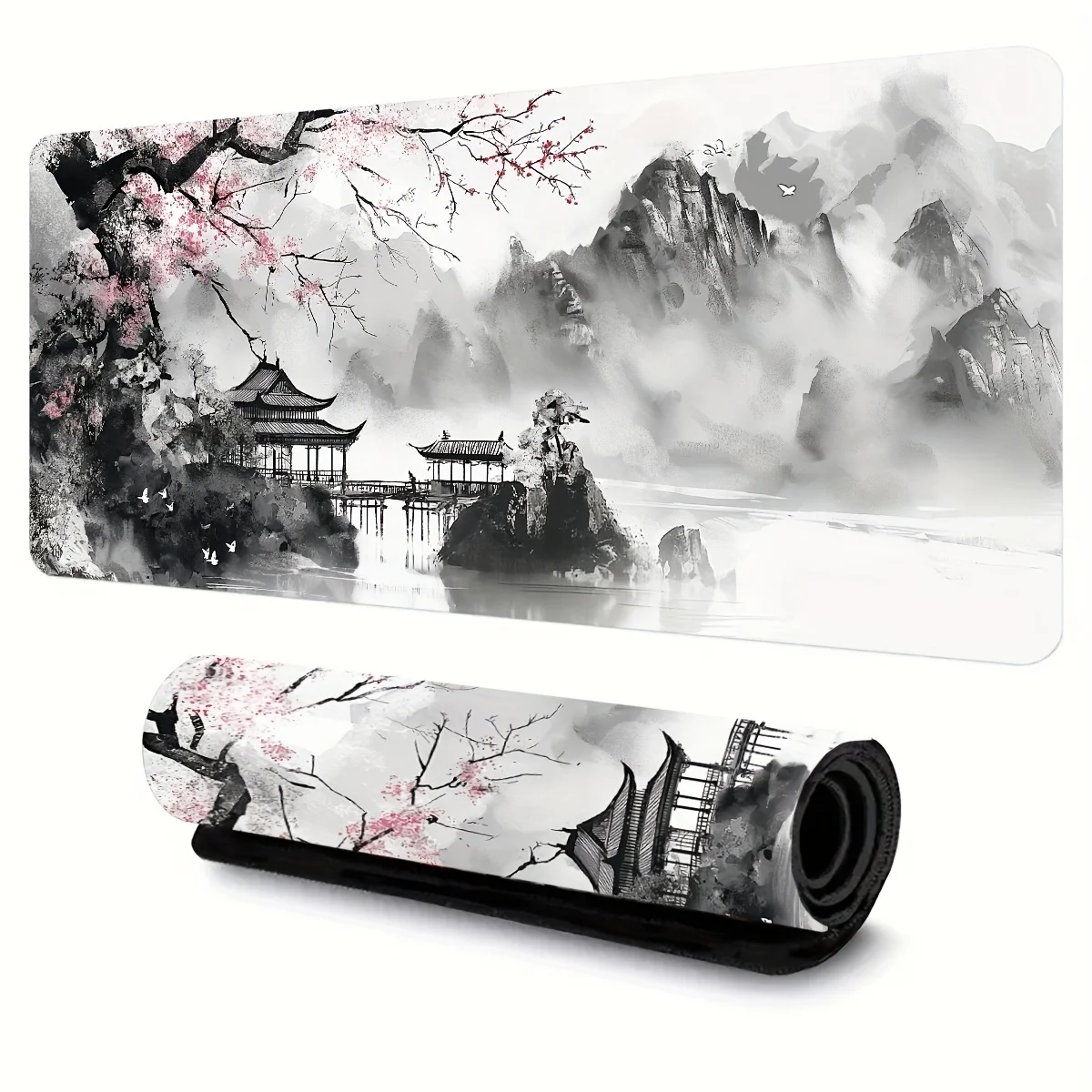 Sakura watercolor gaming mousepad, large extended desk pad with non-slip rubber base office and home use keyboard protection mat