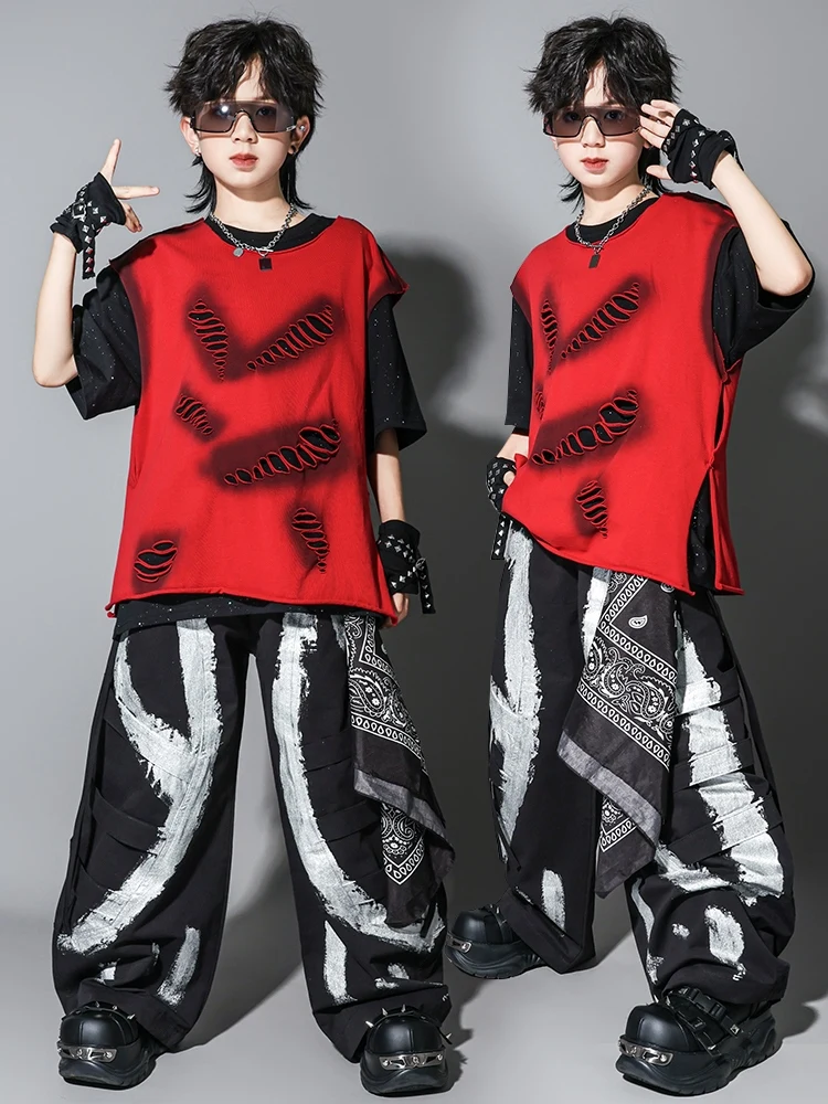Summer Boys Jazz Dance Costume Hip Hop Locking Performance Clothing Fashion Red Hole Vest Baggy Pants Teenager Street Suit 16320