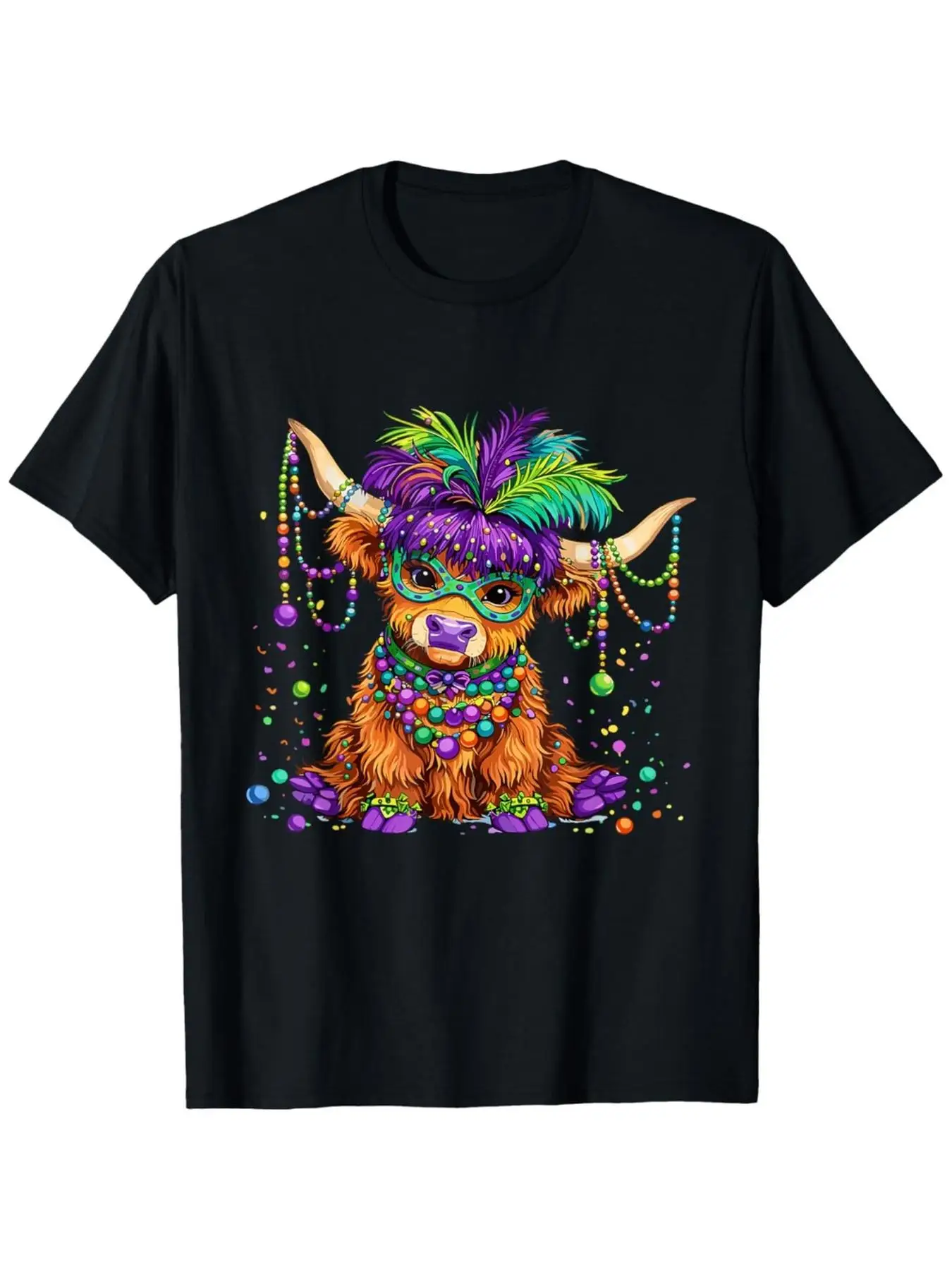 Humorous Highland Cow Mardi Gras Beads T-Shirt for New Orleans Celebrations, Comfortable Men'S Crew Neck Tee, Super Soft, Breath