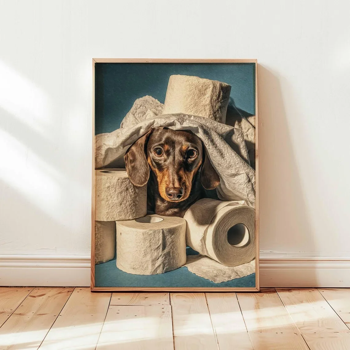 1pc frameless Canvas Painting Hilarious Toilet Paper Dachshund Wall Art - Whimsical Print Celebrating Canine Mischief. The Muted