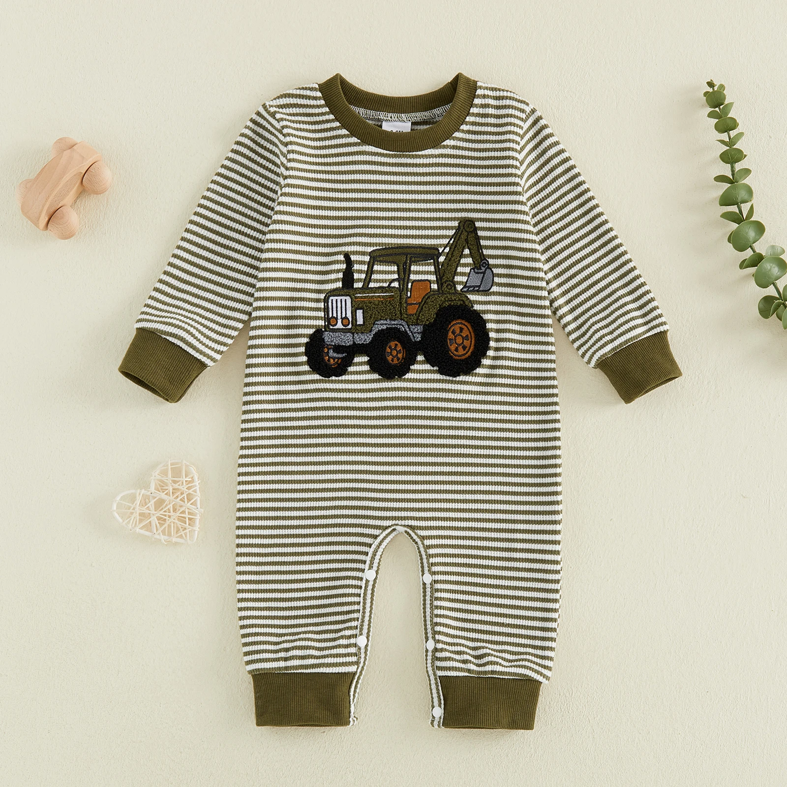 Baby Boy Fall Romper Casual Excavator Embroidery Striped Crew Neck Long Sleeve Infant Boy Waffles Jumpsuit