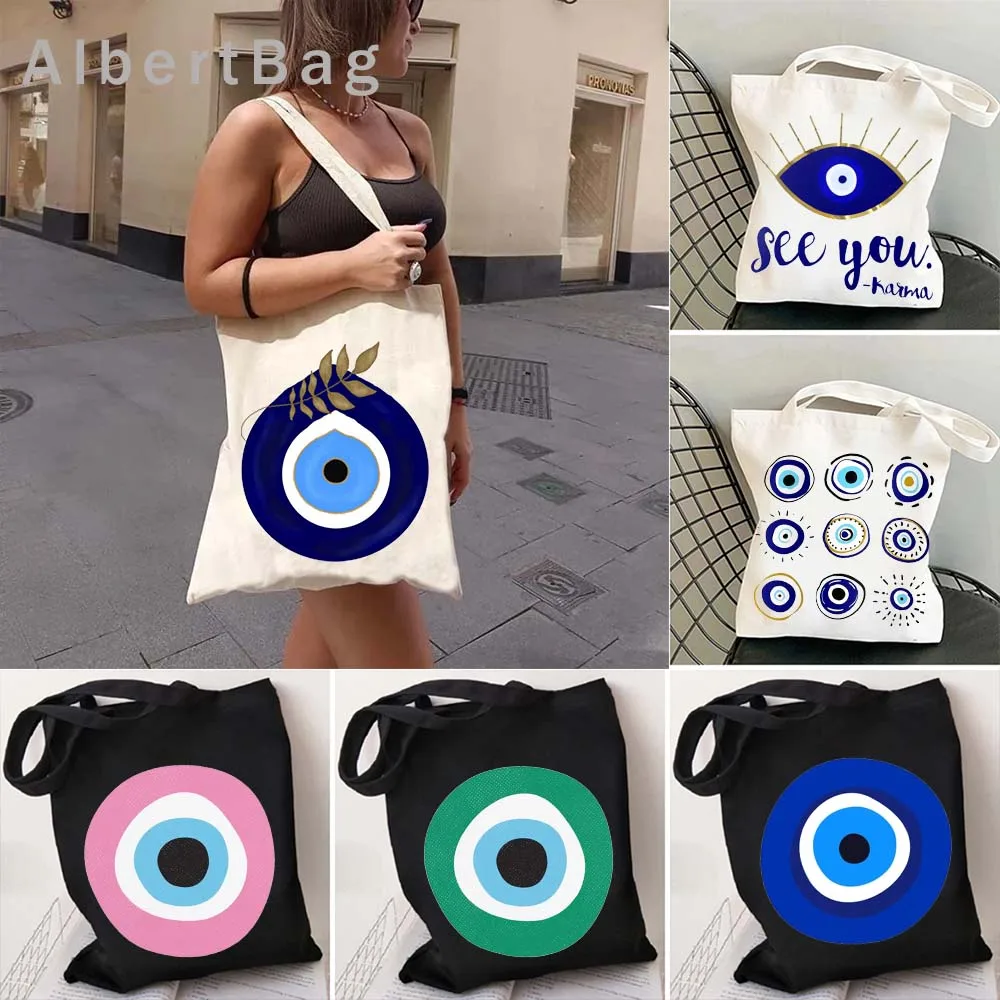 Colorful Nazar Blue Evil Eye Hamsa Hand Girl Greek Turkish Shopper Canvas Tote Bag Amulet GREECE Shoulder Cotton Female Handbags