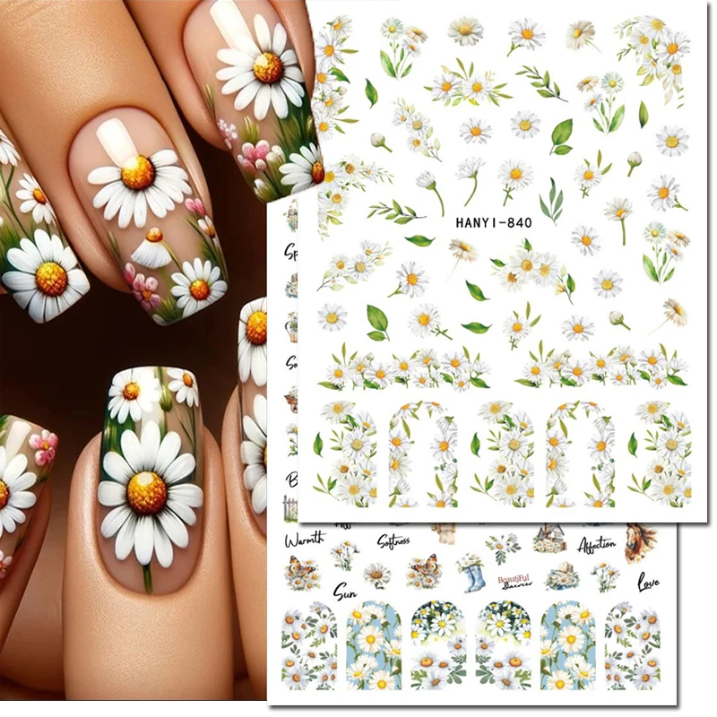 

3d Nail Art Stickers White Daisy Bunch Flowers Butterflys French Full Tips Nails Decals Decorations For Nails Art Manicures Tips