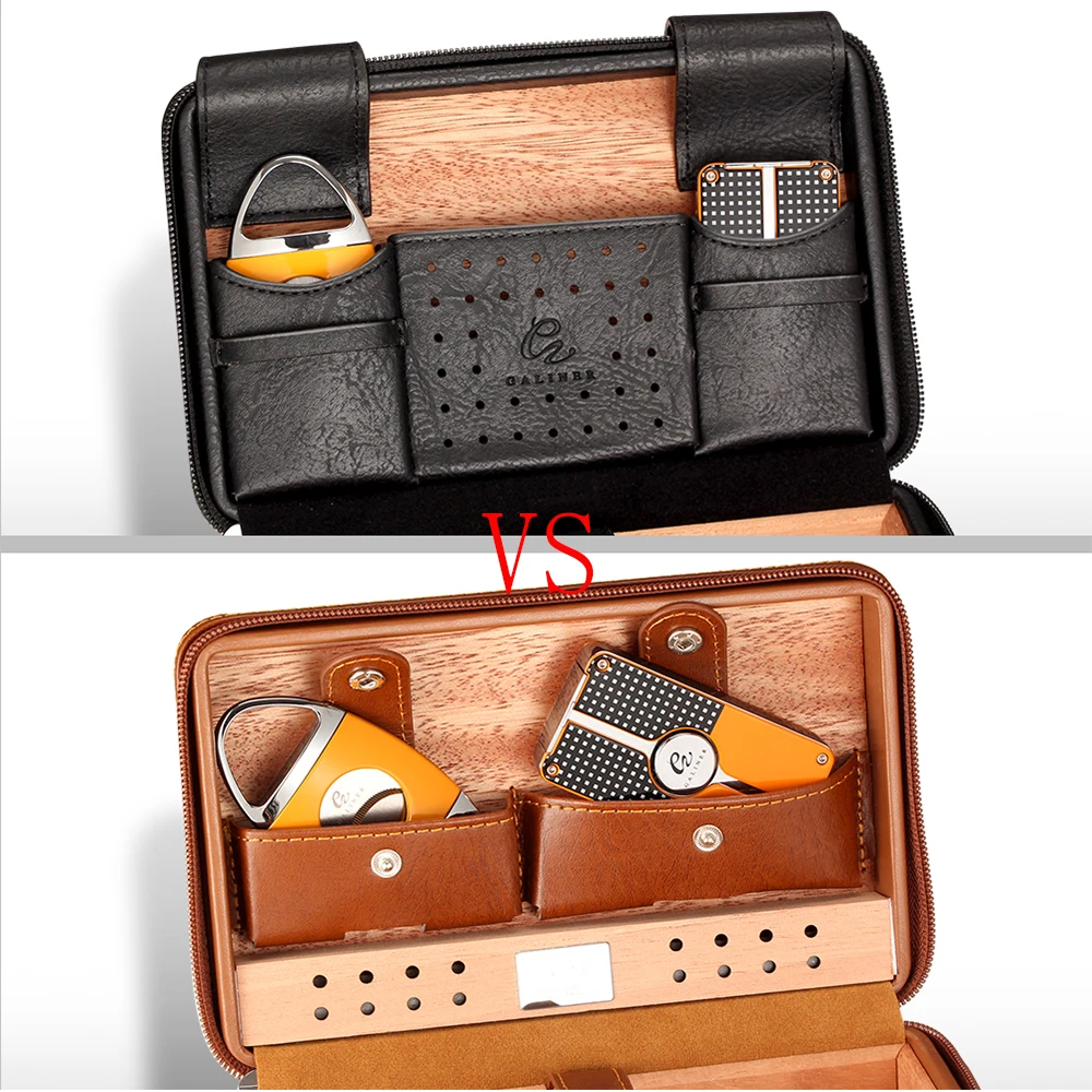 GALINER-시가 휴미더 케이스, 챠루 토 삼나무 목재 가죽 여행용 휴미더 가습기 세트, 선물 상자, 라이터 커터 미포함