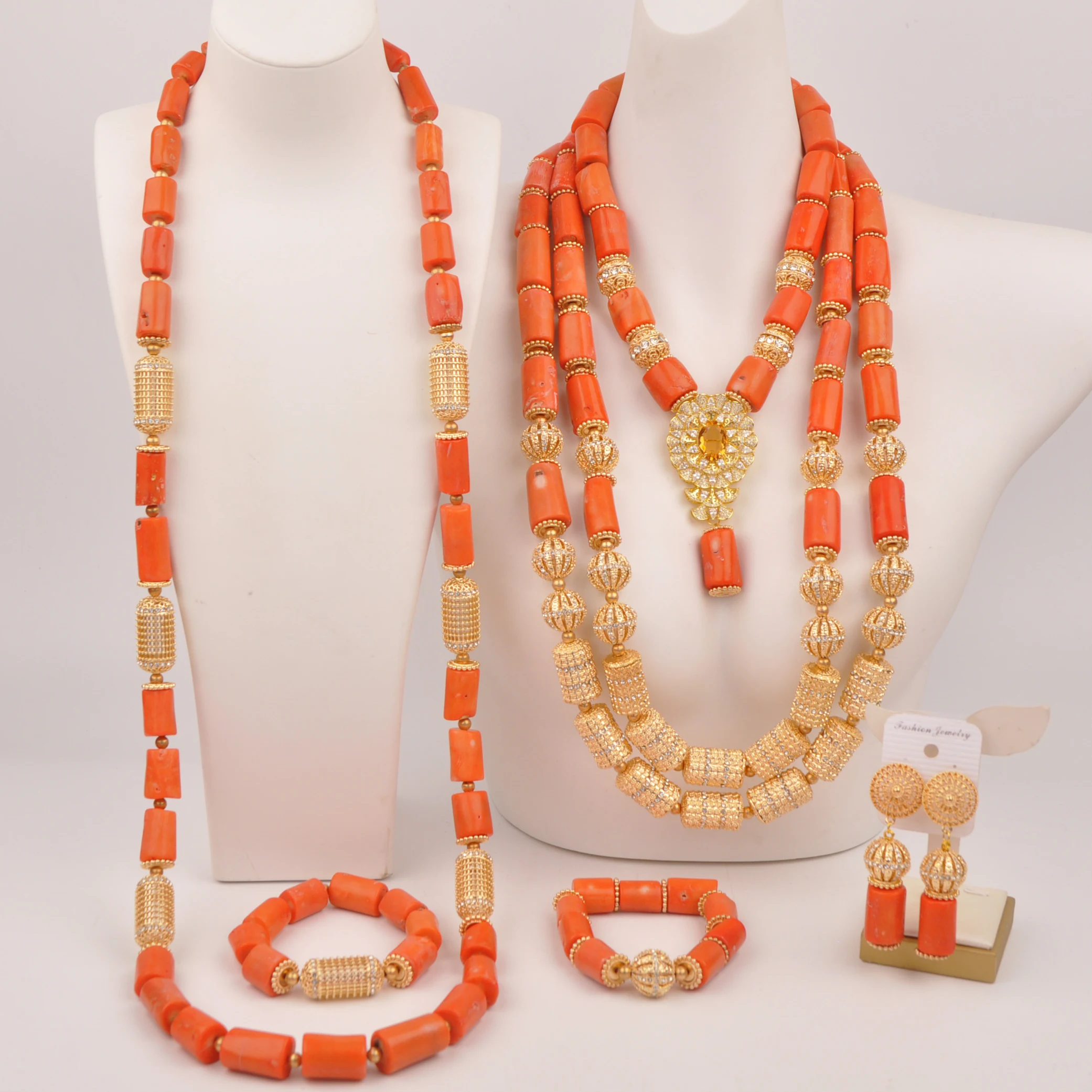 

Orange Original Coral Bead Necklace for Couple Nigerian Traditonal Wedding African Jewelry Set