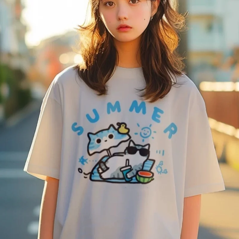 Men's Summer Beach Cotton T-Shirt Cartoon Print Breathable Quick Dry Short Sleeve Crew Neck Casual Loose Fit Fashion Tee Shirt