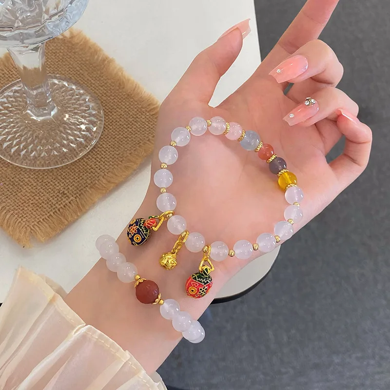 New Chinese Sweet Fresh White Agate Fairy Style Swallowing Gold Beast Nanhong Xiangwen Beads Bracelet