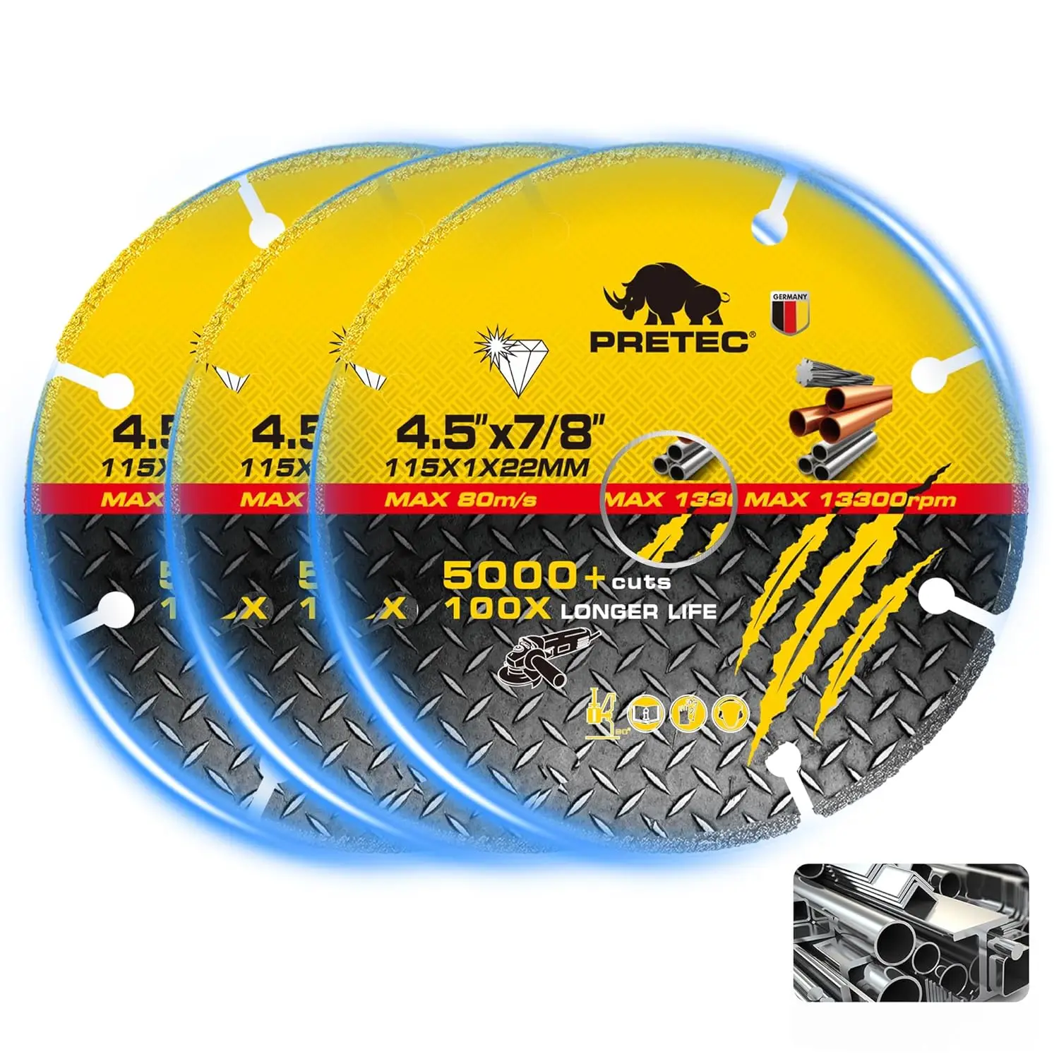 

4-1/2" Diamond Cut Off Wheel, 7/8" Arbor, 5000+ Cuts on Rebar, Metal Cutting Disc for Steel, Iron, INOX – 3 Pcs