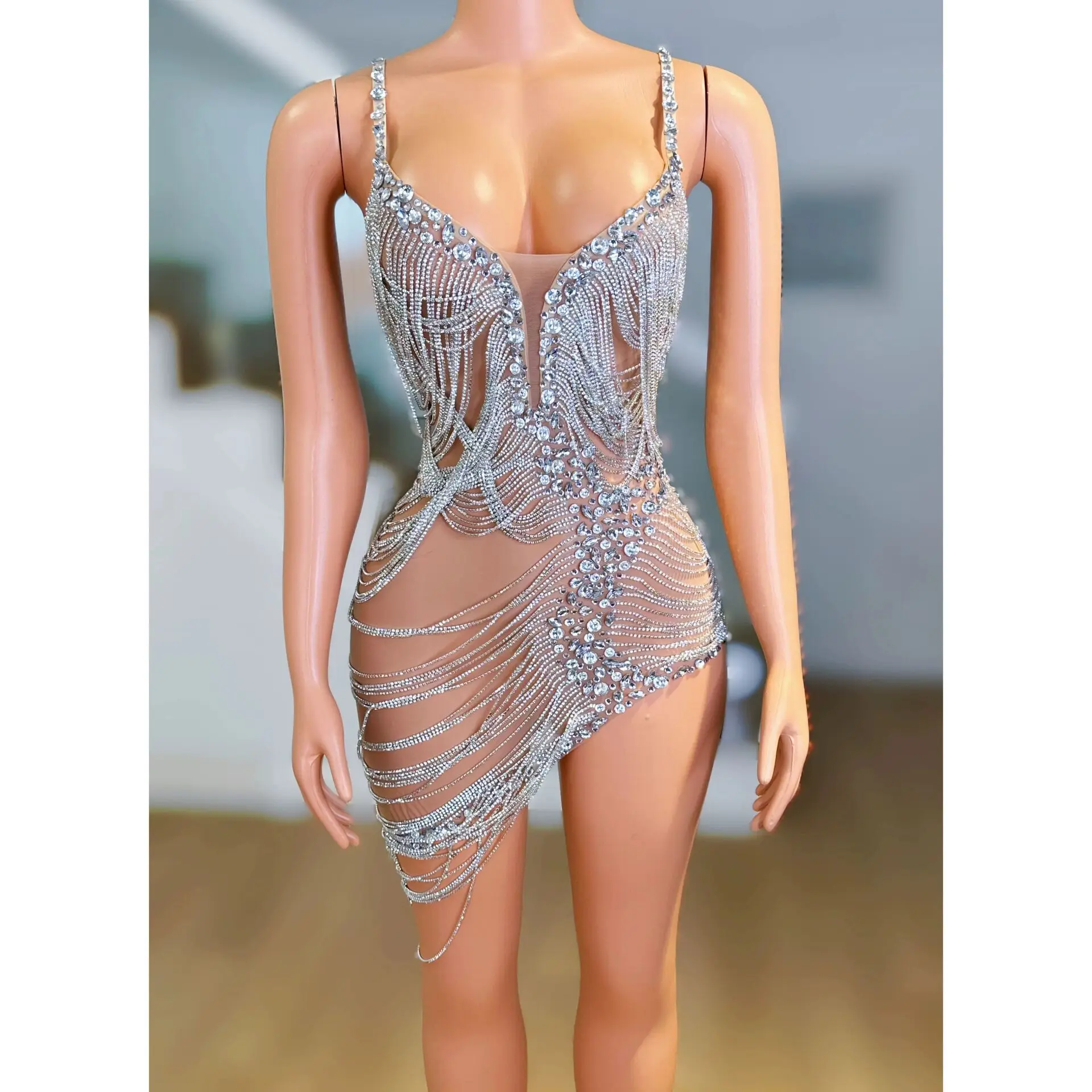 

Sexy Full Diamond Tight Costume For Nightclub Stage Singer DS Model Catwalk Party Women's Evening Dresses For The Event Vestito