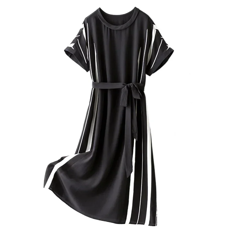 

100% Silk Summer Dresses For Women Casual 2024 Black Midi Dress Female Elegant Ladies Dresses Vestido De Mujer Pph5103